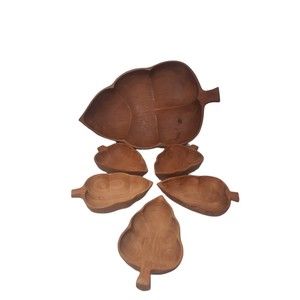 MCM Mid Century Vintage Wooden Bowls Salad Set Leaf Leaves Acorn 6 piece